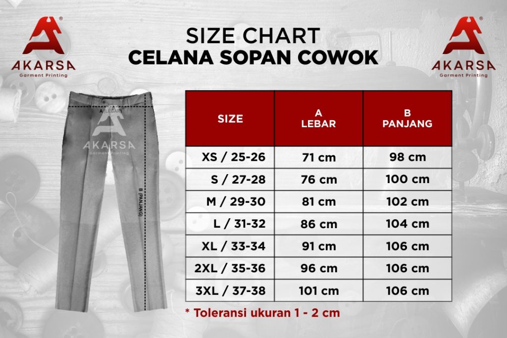Size Chart Celana Sopan Cowok